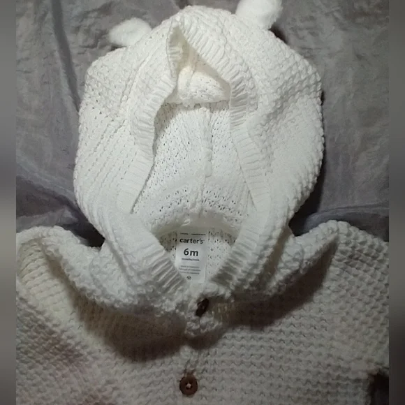 Carter's 100% Cotton Knitted White Hooded Jacket Sweater Cardigan Unisex - Picture 5 of 7